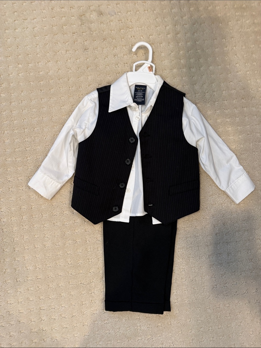 Nautica Boys Black Pinstripe Vest Set with White Shirt and Black Pants